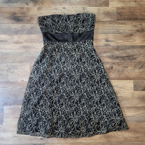 Vintage Kathy Robert's Black & Metallic Gold Floral Strapless Dress Size 8 - Picture 1 of 9